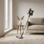 Modern Scandinavisch interieur met een crèmekleurig wol-karpet in de zithoek en een complete cordless stick-stofzuiger met motorunit bovenaan en zachte zuigmond onderaan, leunend tegen de bank