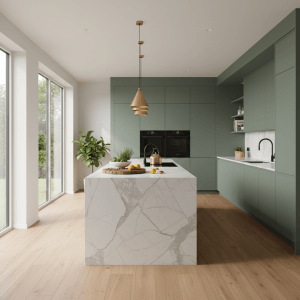 Moderne open keuken met PVC-vloer in licht houtdessin, marmeren keukeneiland en hangende lampen