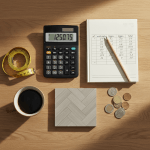 Calculator, meetlint en notitieboek met handgeschreven vloerprijzen op een lichte werktafel naast een houten vloersample