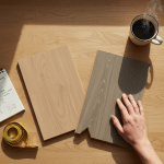 Twee vloersamples naast elkaar op een lichte werktafel: een lichte PVC-plank en een grijs-bruine laminaatplank, met een hand die ze vergelijkt