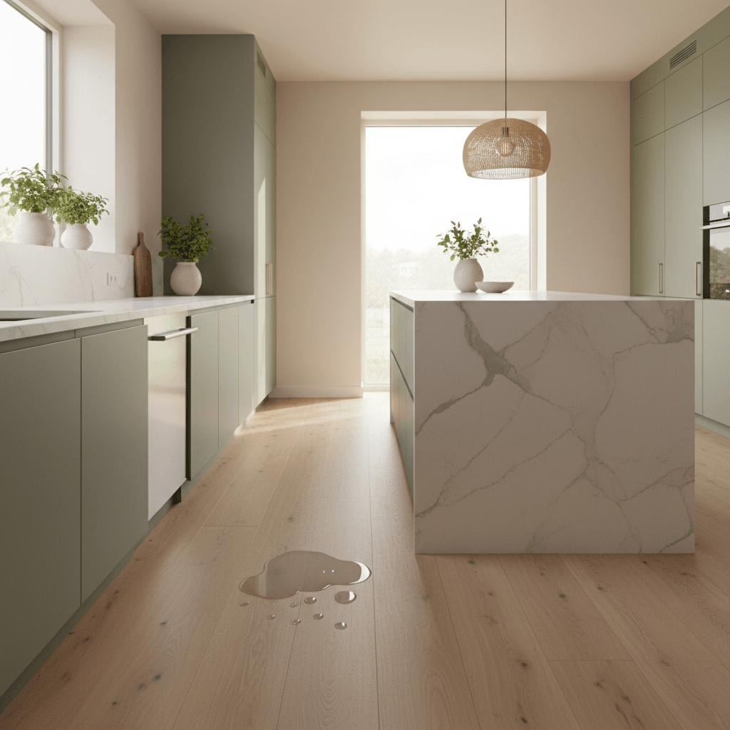 Moderne keuken met PVC-vloer in licht-eiken dessin, met enkele waterdruppels op de vloer voor een marmeren keukeneiland