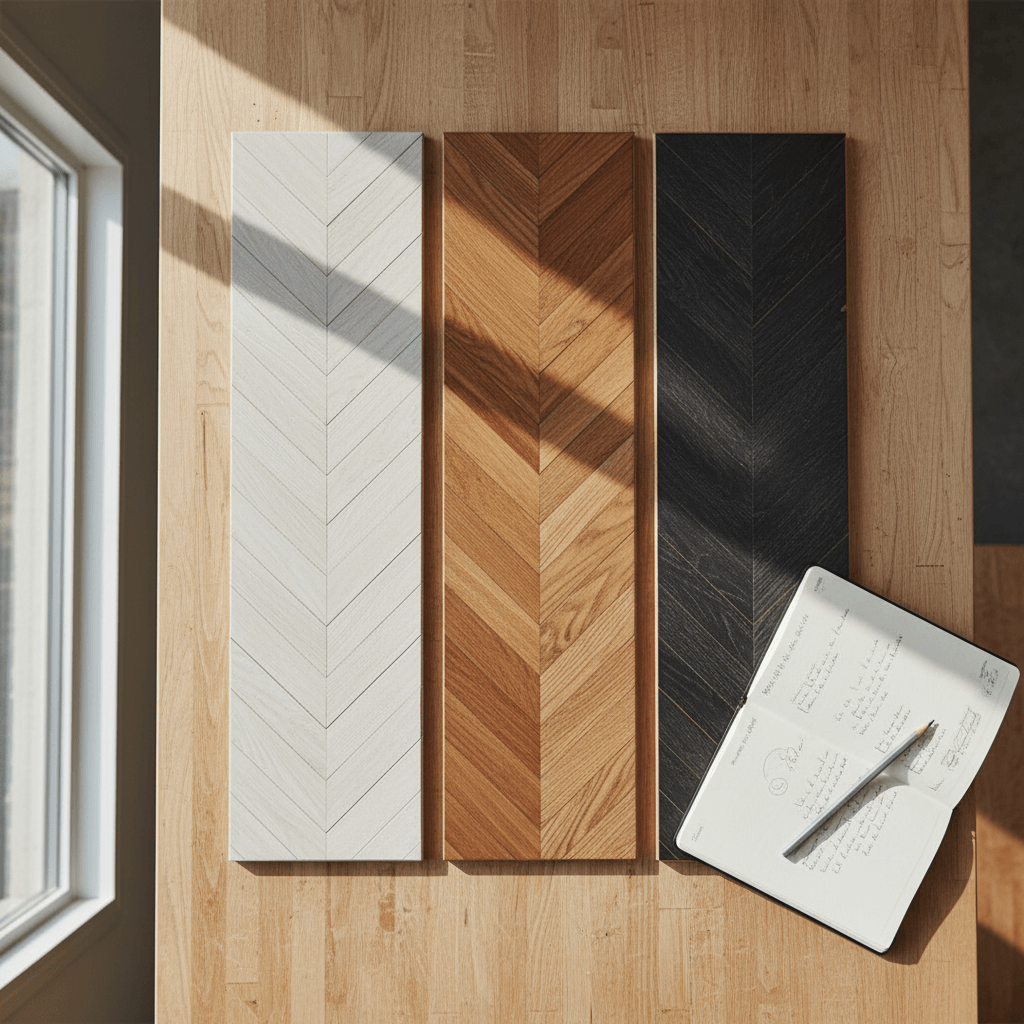 Drie monsters van visgraat-vloeren in verschillende kleuren naast elkaar op een lichte tafel: white-wash, cognac en charcoal