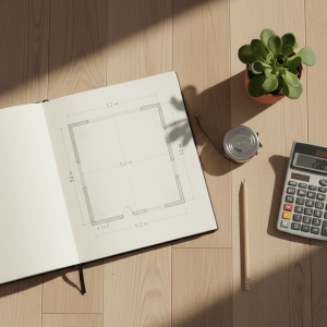 Flat-lay van een schetsboek met handgetekende plattegrond, opgerolde rolmaat, potlood en rekenmachine op een lichte werkvloer