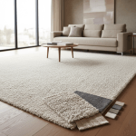 Modern interieur met een grote crèmekleurige wol-karpet onder een zithoek, met meubelstalen en kleur-stalen ernaast voor stijlkeuze