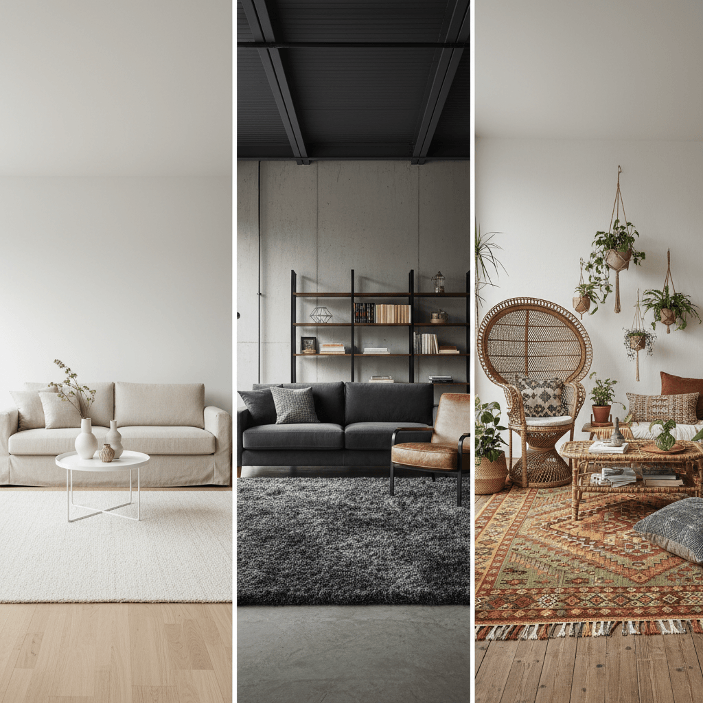 Drie verschillende interieurstijlen met passende karpet-kleuren naast elkaar: Scandinavische cremekleurige laag-polig op een licht eikenhouten vloer, een donkergrijze hoogpolige in een moderne stoere woonkamer met zwart staal, en een patroon-karpet in warme aardetinten in een Boho-interieur