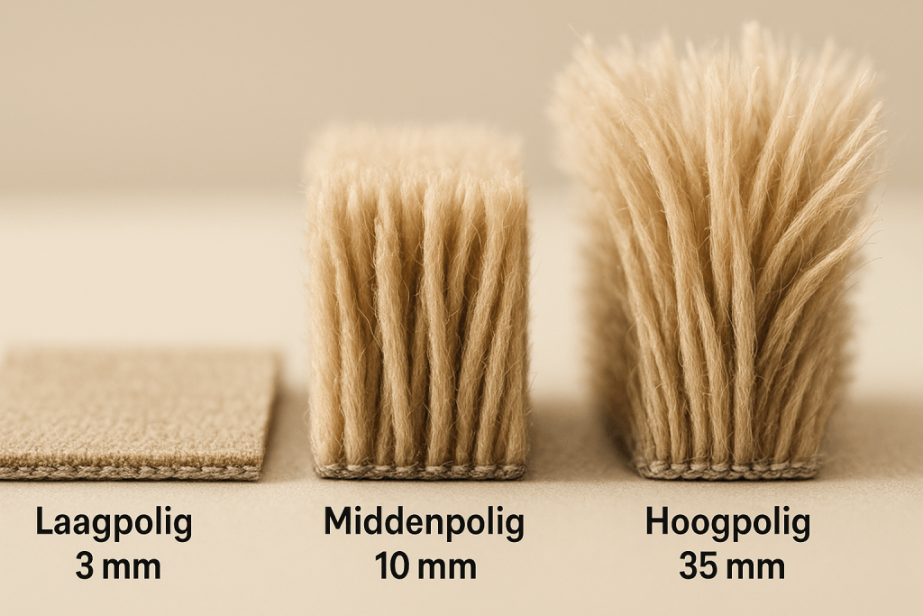 Drie karpet-monsters in doorsnede-detail naast elkaar: laagpolig (3 mm), middenpolig (10 mm) en hoogpolig shaggy (35 mm) met de poolhoogte als zijdelingse lijn duidelijk zichtbaar
