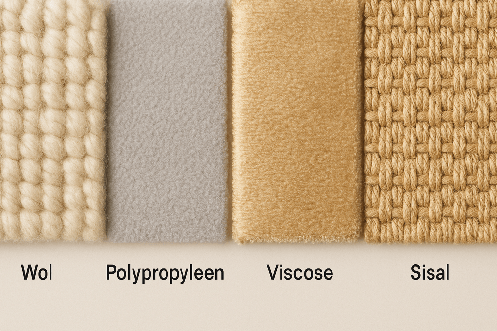 Vier karpet-monsters naast elkaar in detailfoto met Nederlandse labels: wol, polypropyleen, viscose en sisal, elk met duidelijk verschillende textuur en glansniveau