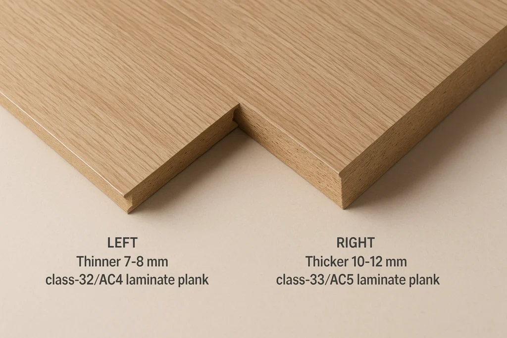 Twee laminaatplanken naast elkaar: links een AC4 (klasse 32) plank met dunner profiel, rechts een AC5 (klasse 33) plank met dikker profiel; bij beide planken is een uitgesneden hoek zichtbaar die de kernconstructie toont