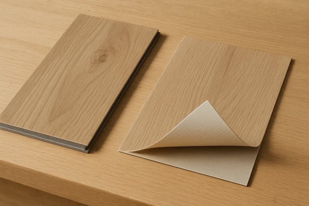 Twee PVC-planken naast elkaar op een werktafel: links een click-PVC plank met klikrand zichtbaar, rechts een plak-PVC plank met effen rand en lijmpatroon zichtbaar op de achterzijde