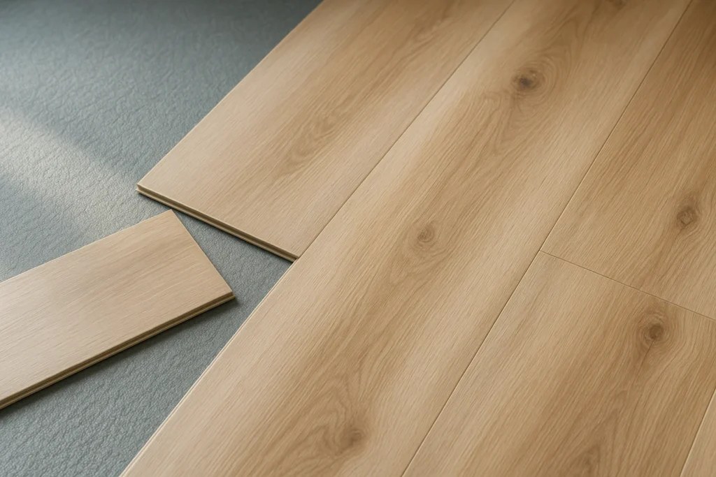 Close-up van een gedeeltelijk gelegde PVC-vloer waarbij de ondervloer (foam onderlaag) zichtbaar is onder een paar PVC-planken